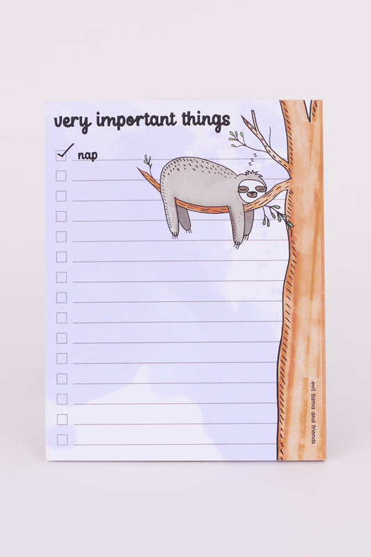 very important things (sleepy sloth) notepad