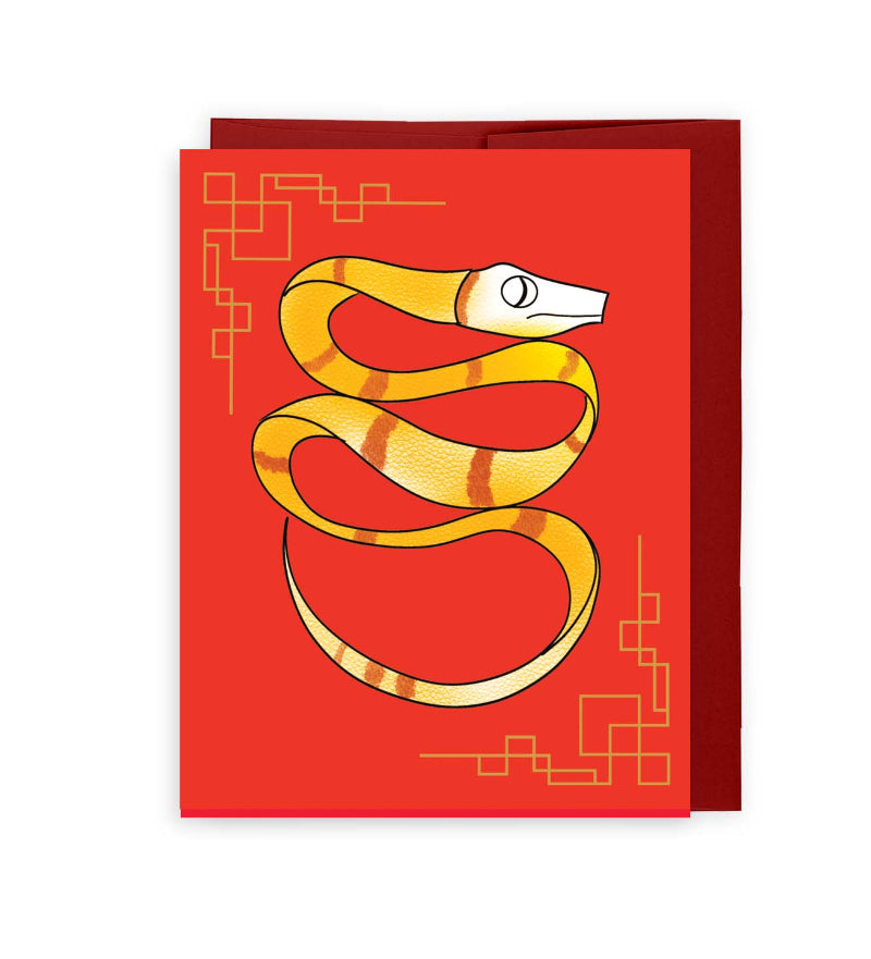 lunar new year card showing a yellow snake against a red background with red envelope