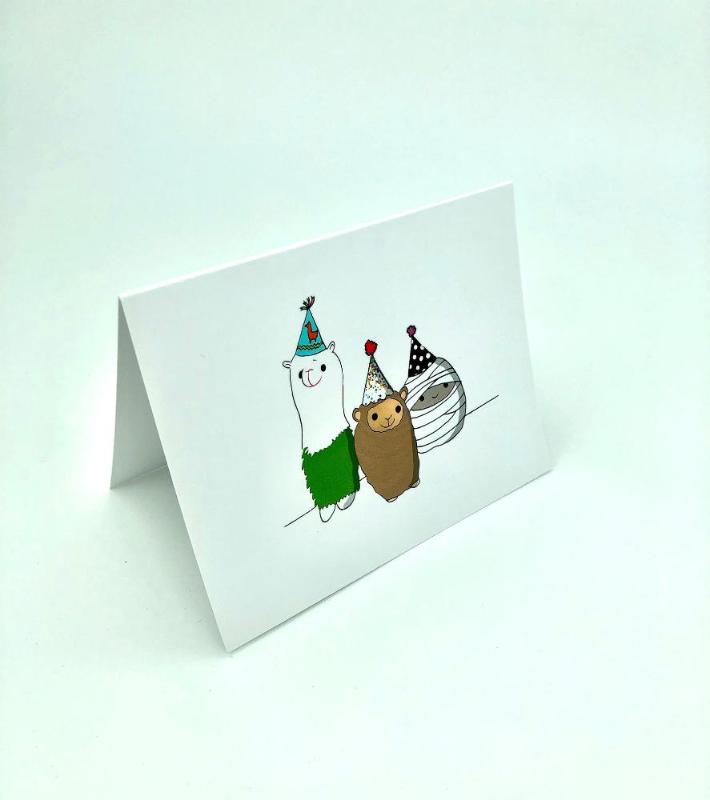 sheepaca and friends birthday card