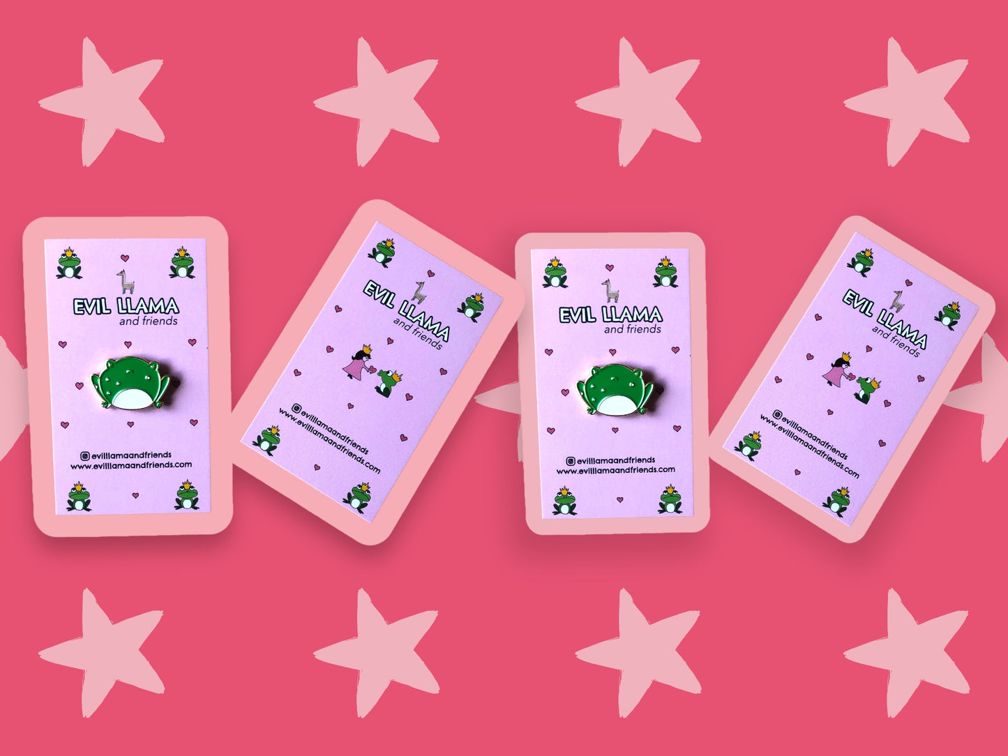 stylized background with several frog pins and their backing cards