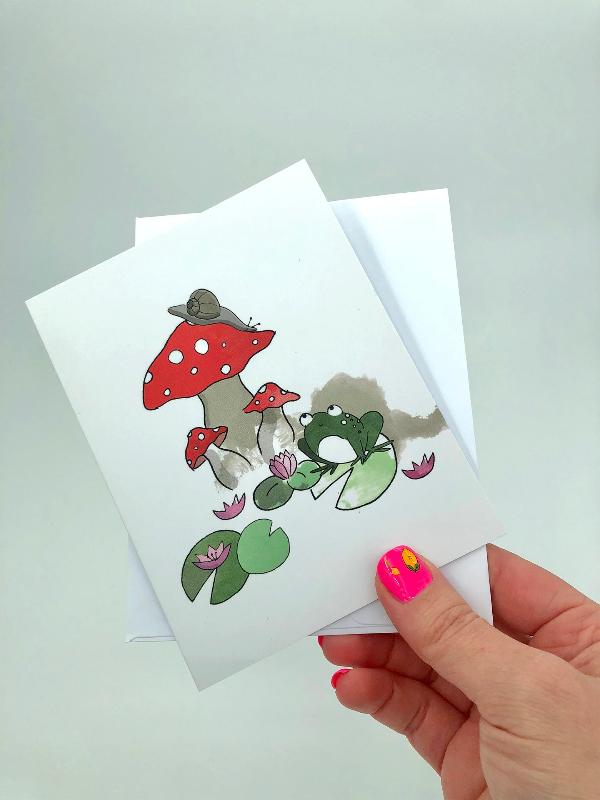 story time frog and mushroom card