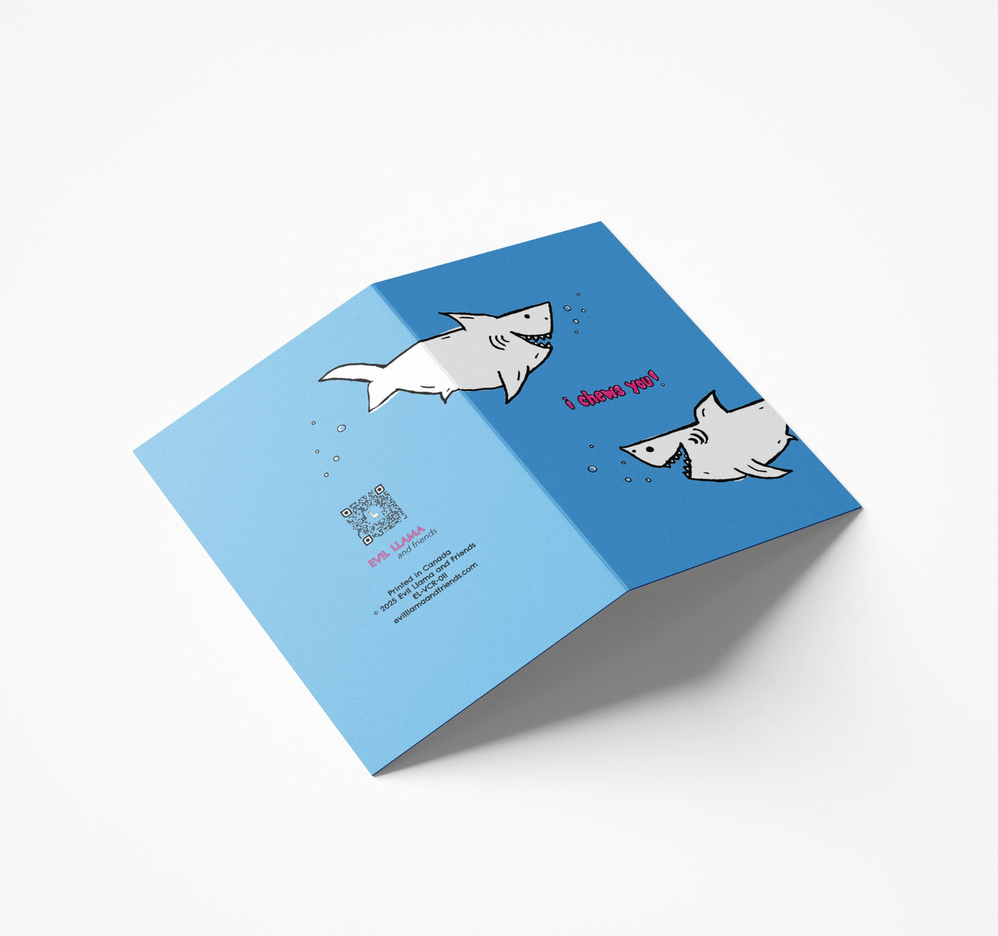 i chews you sharks love card, showing front and back of card, where the shark image extends to the back. printed in canada