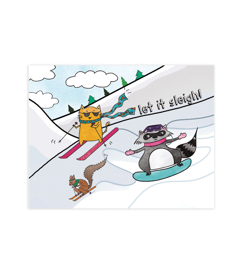holiday card showing cartoon animals skiing and snowboarding with 'let it sleight!' text on a snowy background.