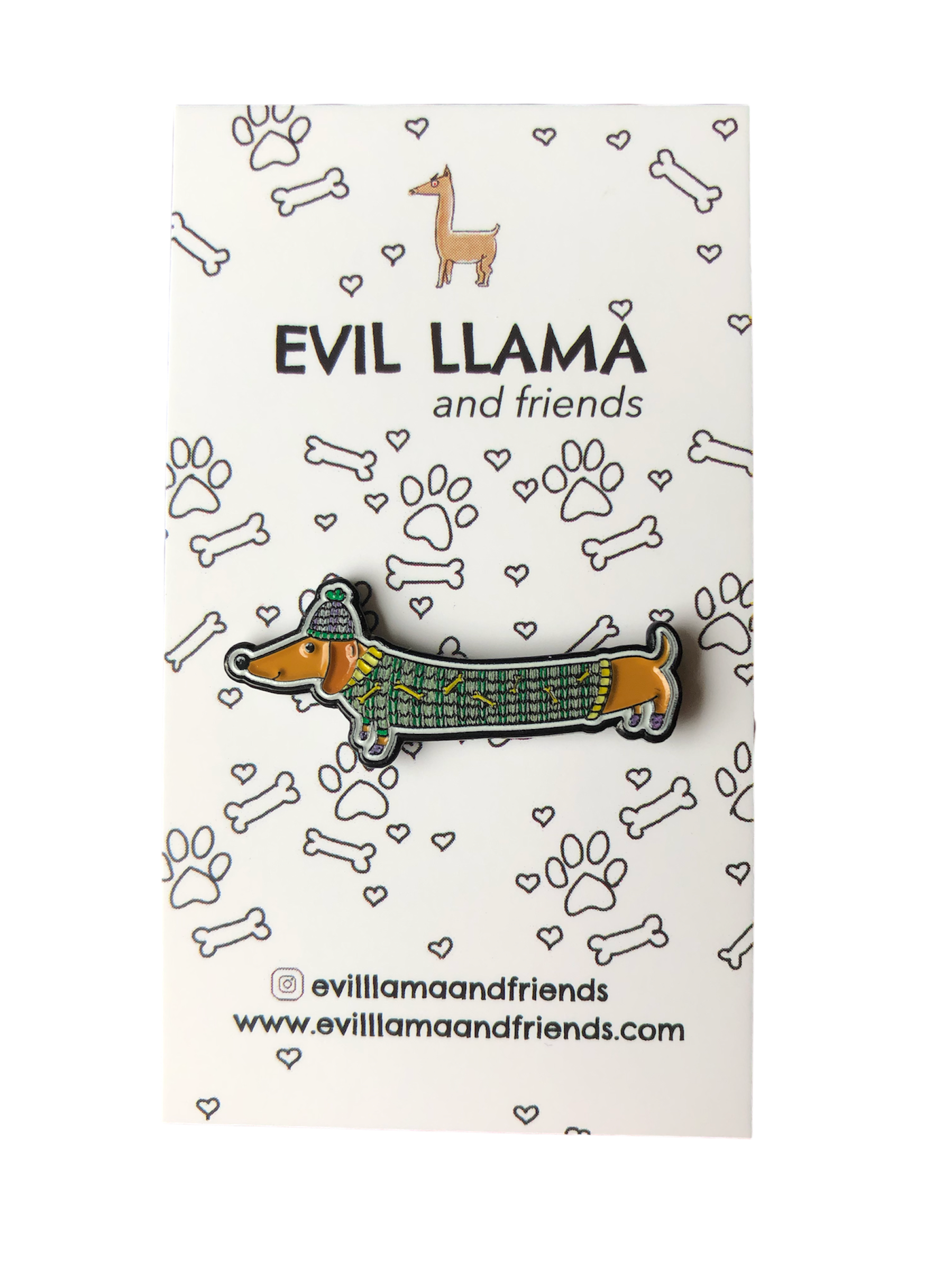 lil dachshund pin with backing card showing dog paws and bones