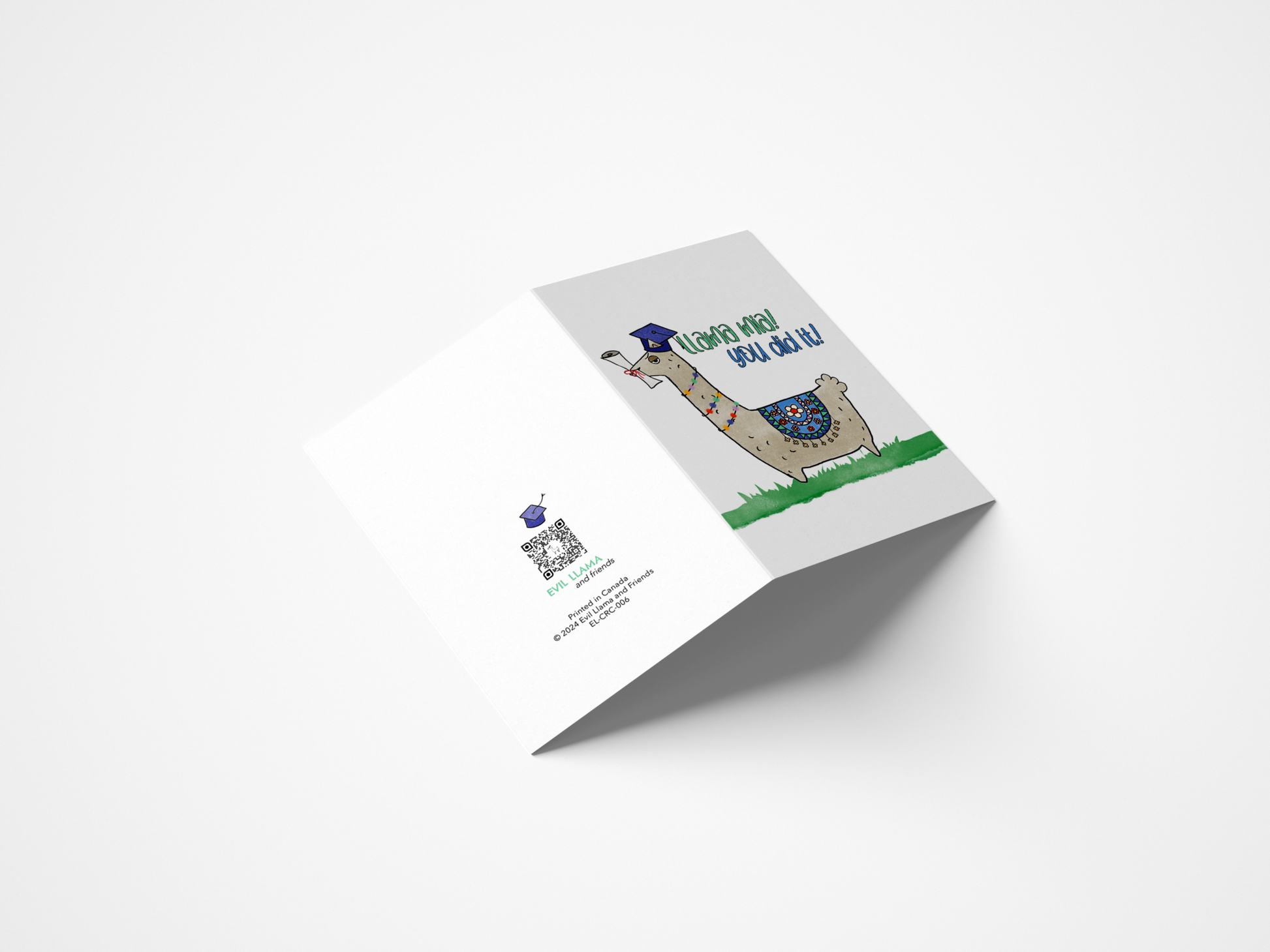 punny congratulations card, showing front and back of the card. the front features a snooty cartoon llama in graduation gear, the back shows the brand name and logo, with a tiny graduation hat