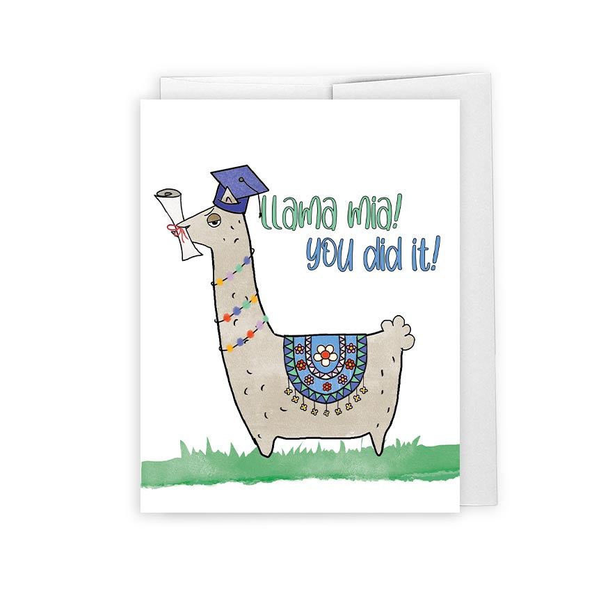 funny graduation card featuring snooty llama, placed against a white envelope, on a white background