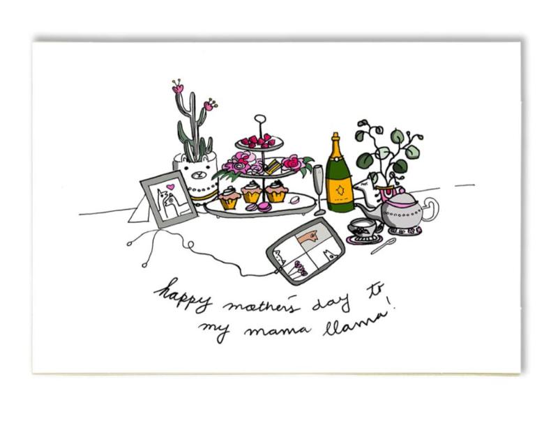 Mother’s Day card with high tea brunch scene – teapot and pastries illustration