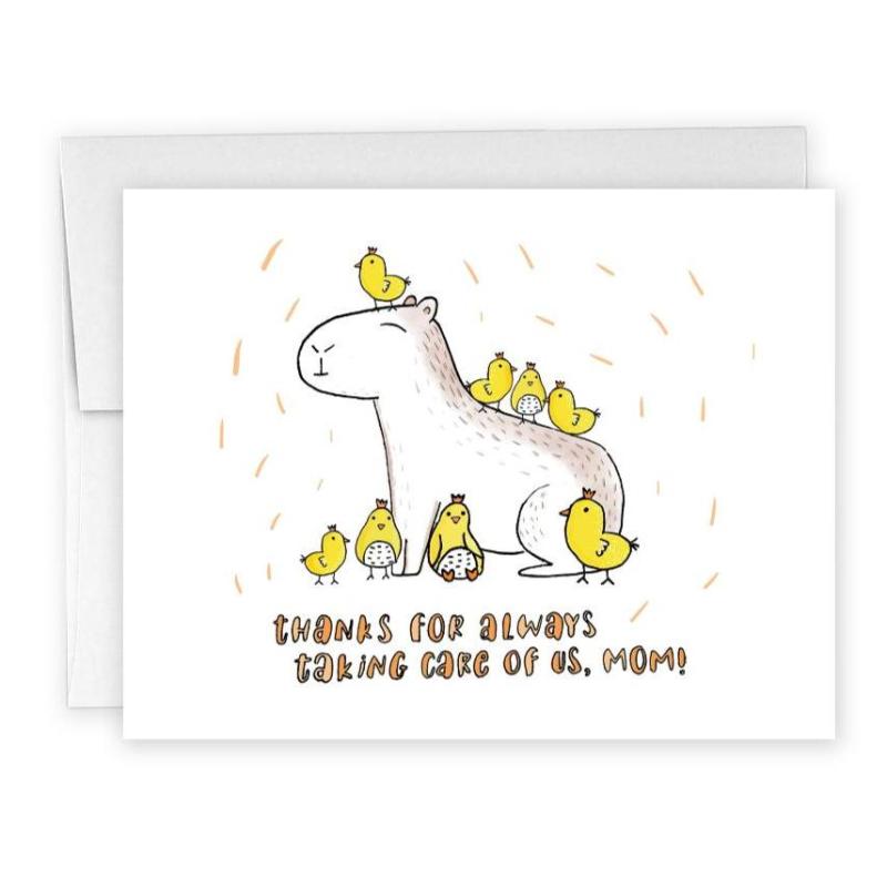 cute capybara mama mother's day card featuring an adorable capybara with baby chicks around her. the caption reads "thanks for always taking care of us, mom"