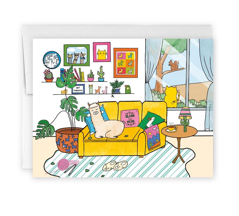 a colourful card, showing a busy living room scene with a llama napping on a yellow couch. there are various artworks on the wall, with green plants, slippers and knitting yarn on the floor. a yellow cat stands at the window, eyeing a squirrel on a tree branch seen through the window
