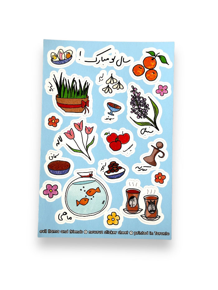 sticker sheet showing various norooz elements such as red apples, sabzeh, garlic, and gold fish, placed against a white background