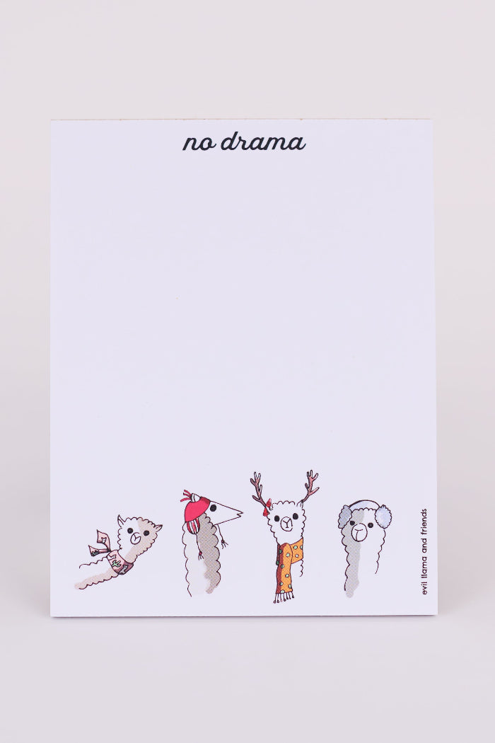 a notepad showing 4 cartoon llamas on the bottom, dressed in scarves and hats and ear muffs. the text on top reads "no drama"