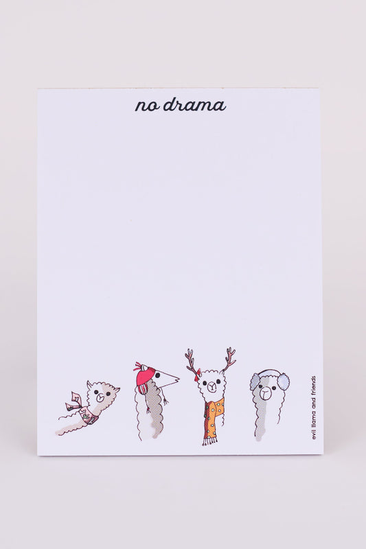 a notepad showing 4 cartoon llamas on the bottom, dressed in scarves and hats and ear muffs. the text on top reads "no drama"