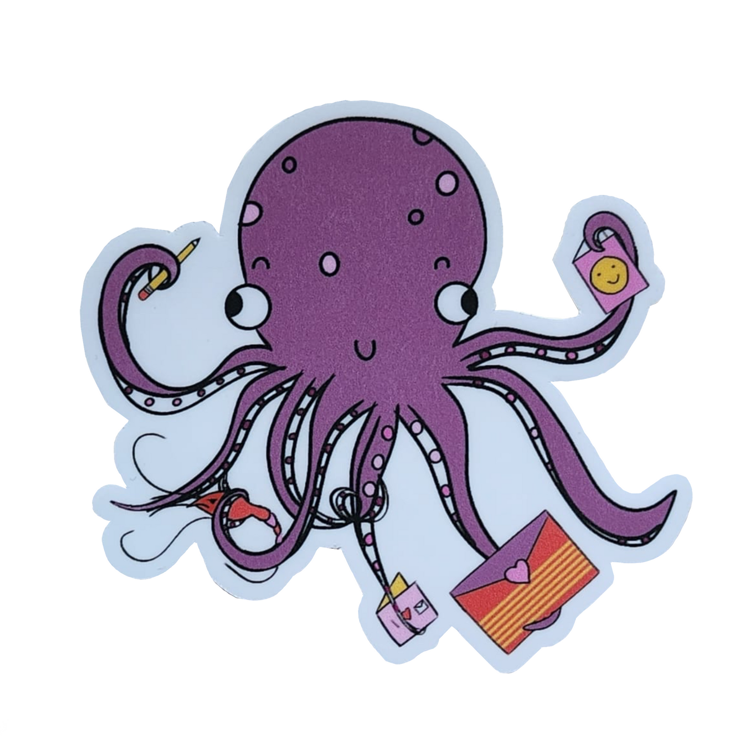 sticker of multi-tasking octopus on a white background