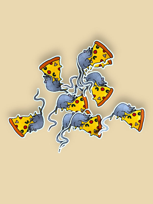 a stack of pizza rat stickers against a beige background