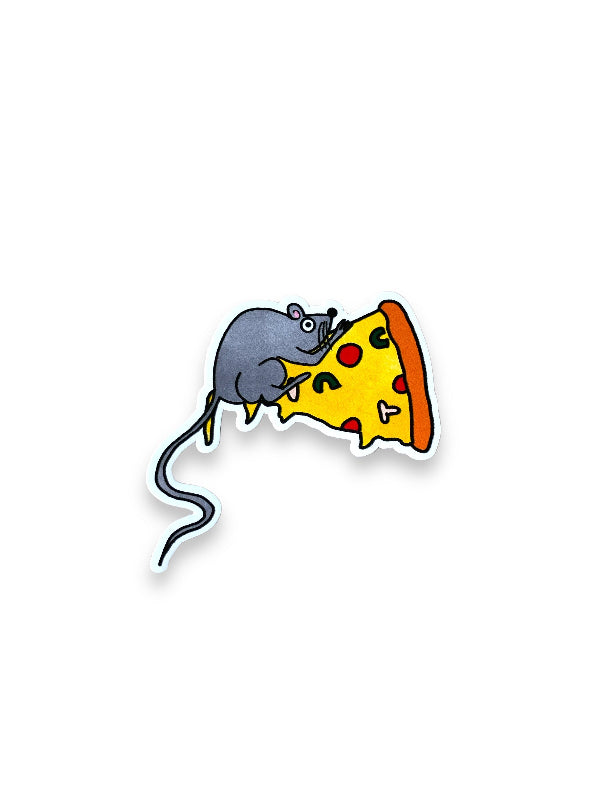 pizza rat sticker against a white background. the sticker shows a grey rat on a big slice of pizza