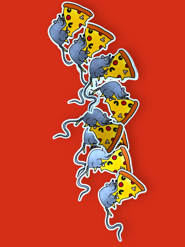 a pile of pizza rat stickers against a red background