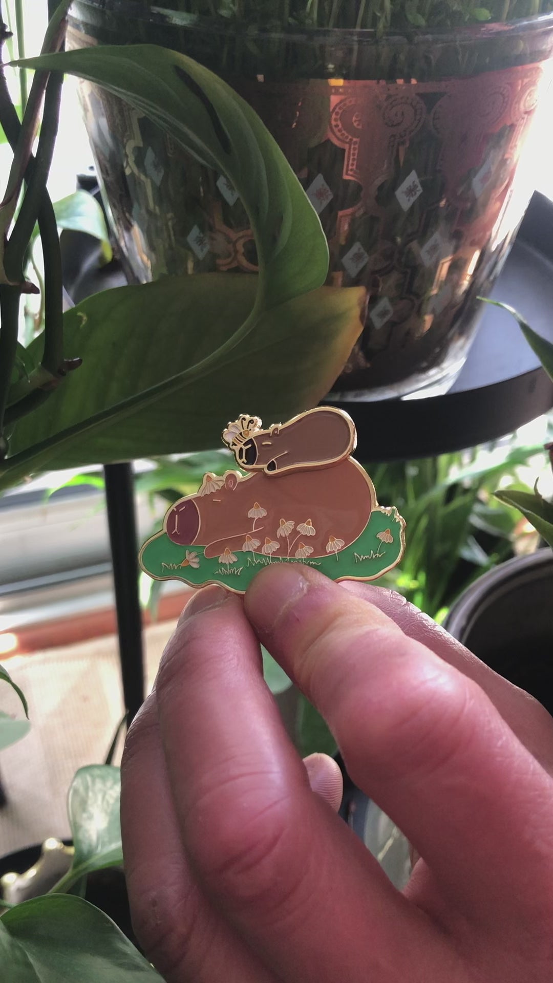 capybara pin with magnetic feature, showing how baby capybara can move around and come off