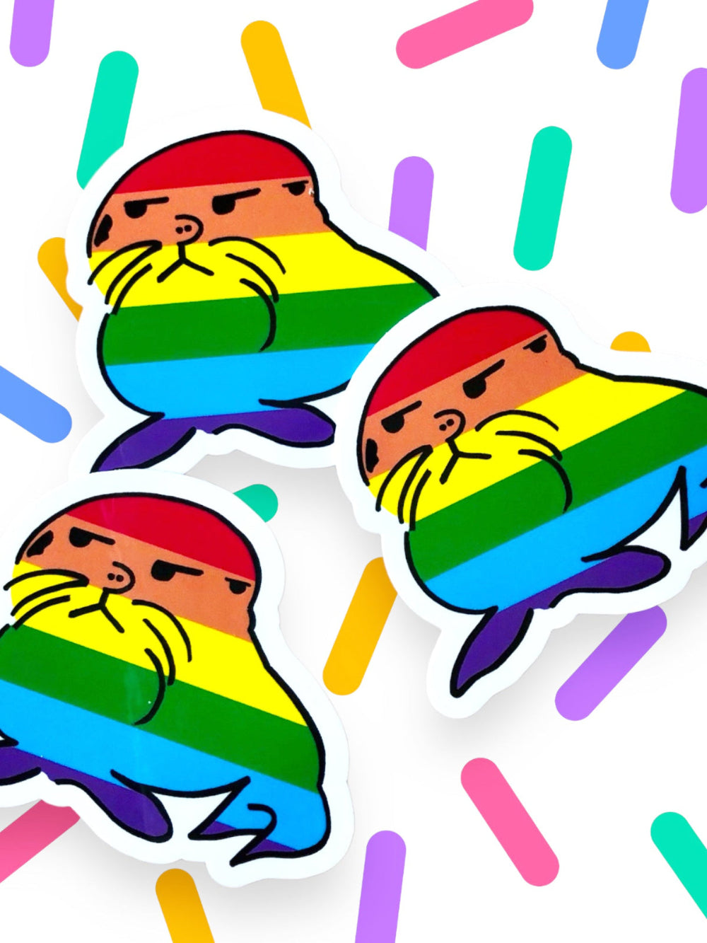 rainbow resentment seal pride stickers against a colourful sprinkle background