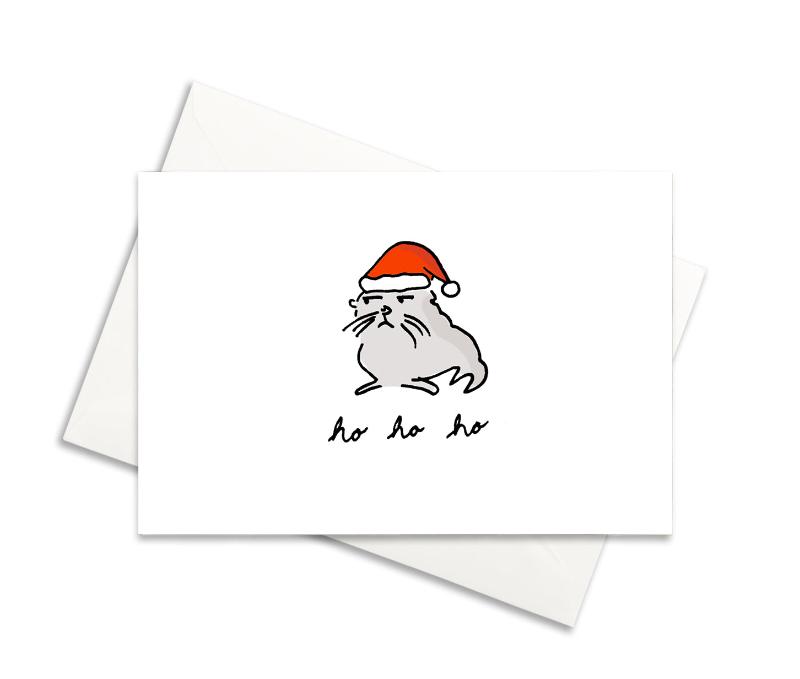 funny holiday card, grumpy seal card, ho ho ho, happy holidays, quirky holiday cards