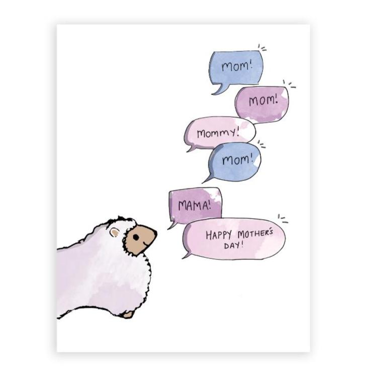 Funny Sheepaca card with repeated ‘Mom’ speech bubbles – Mother’s Day card