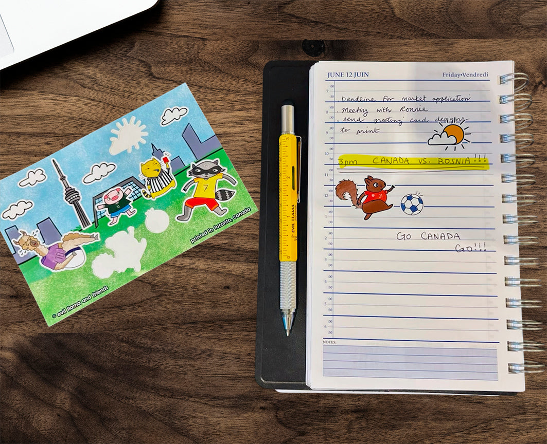 sticker sheet showing animals playing soccer, next to a calendar marking the first Canada soccer match vs Bosnia on June 12