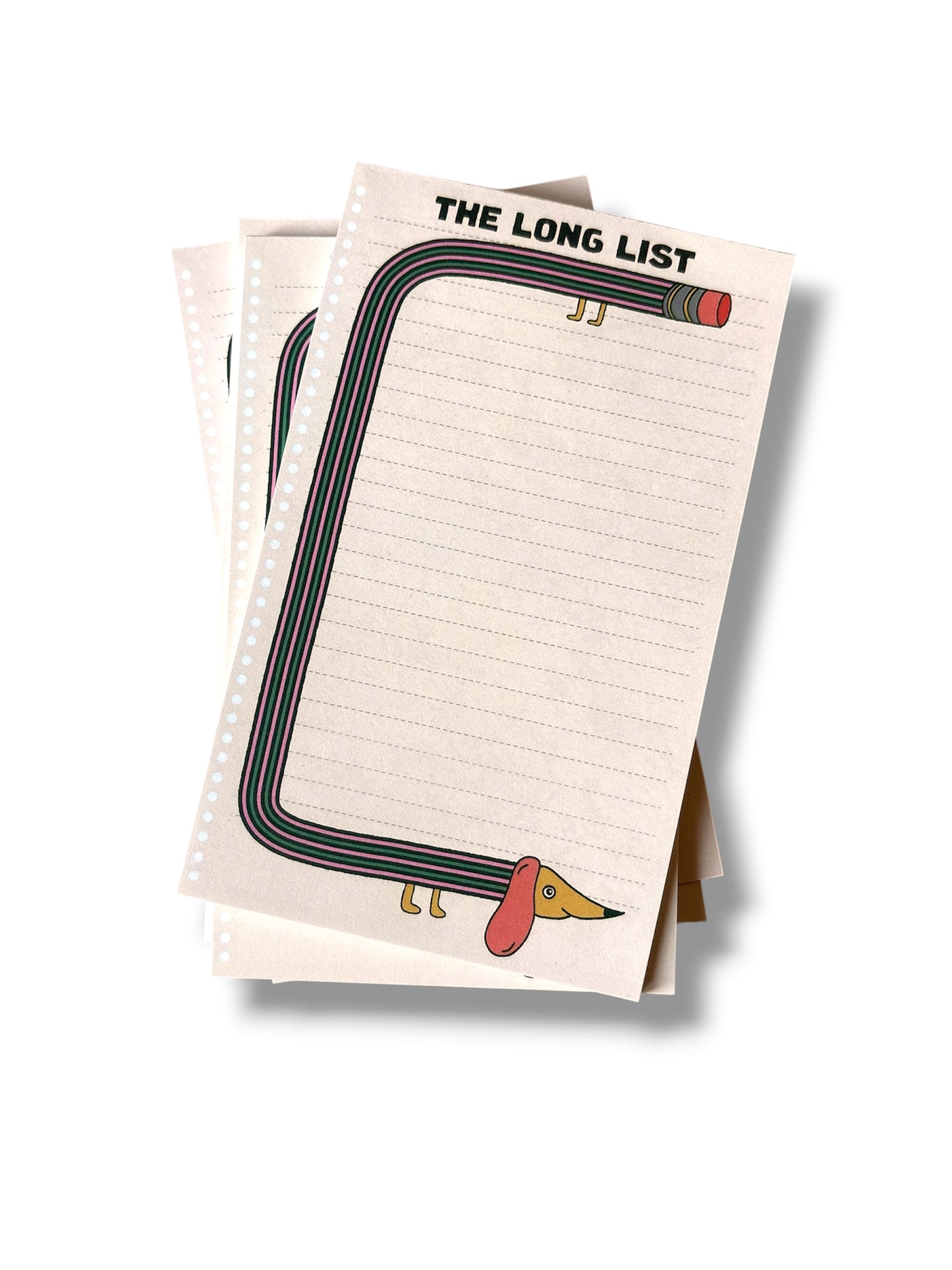 Notepad with a quirky dachshund illustration and 'The Long List' text on a beige background