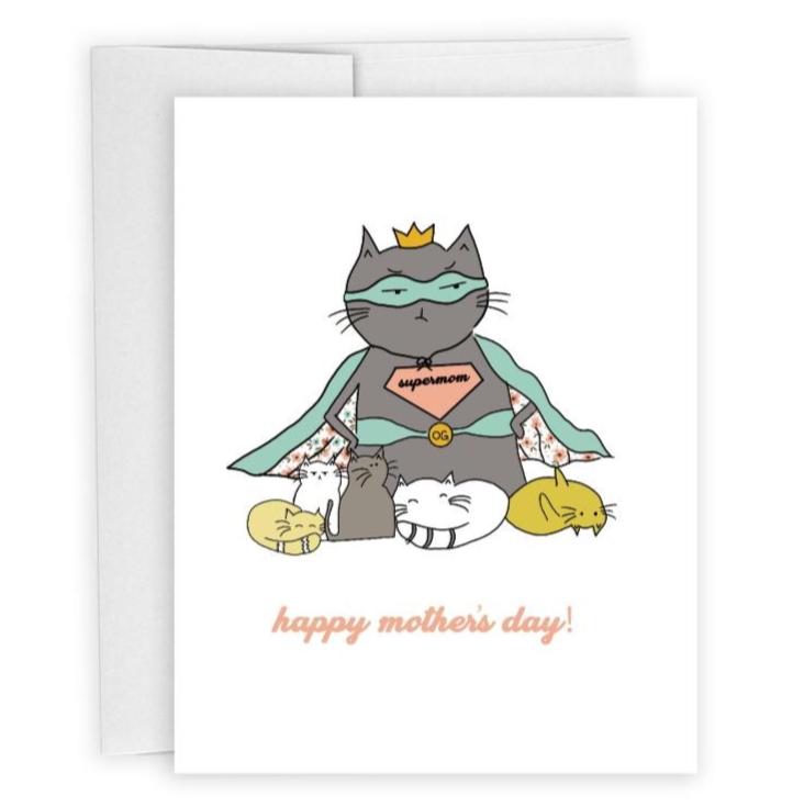 mother's day card showing a cat in a superhero costume, with her kitties. the caption reads "happy mother's day"