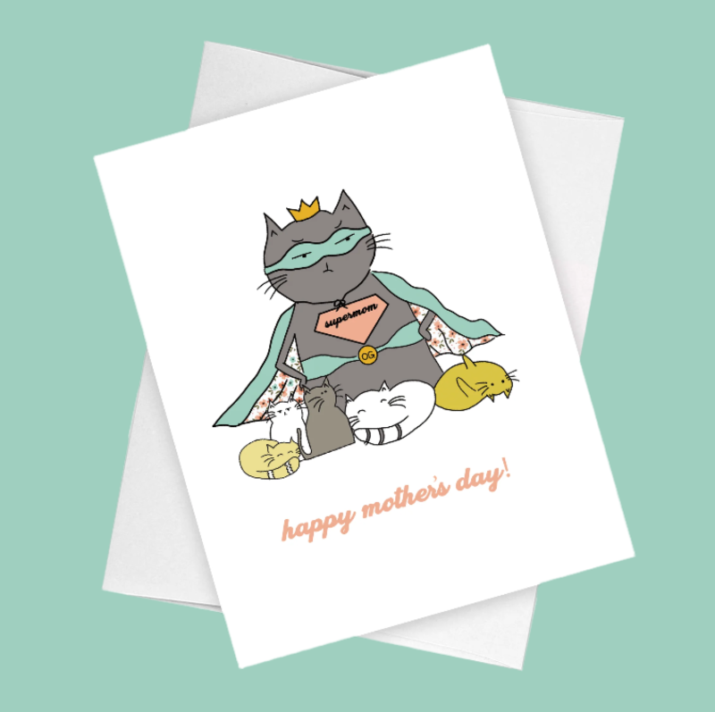Funny superhero cat Mother’s Day card – cartoon illustration