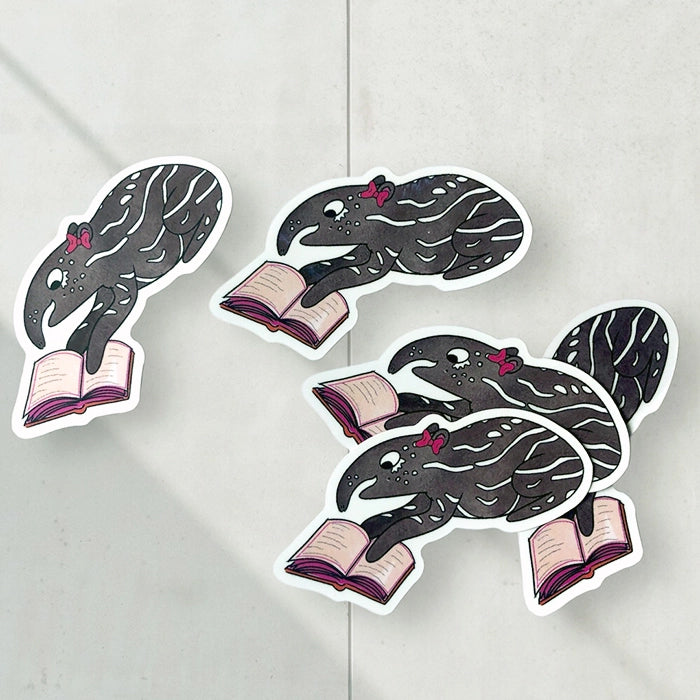 five stickers featuring abby the baby tapir, reading a book on a light gray background