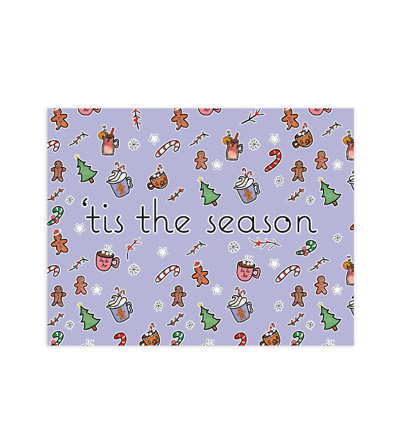Decorative holiday card with Christmas-themed illustrations and "'tis the season" text on a purple background