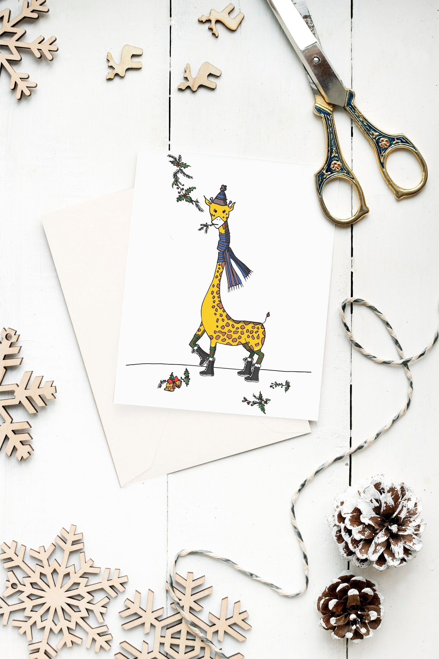 funny grumpy giraffe holiday card with mistletoe, funny and sarcastic greeting cards, unique christmas cards, witty winter cards