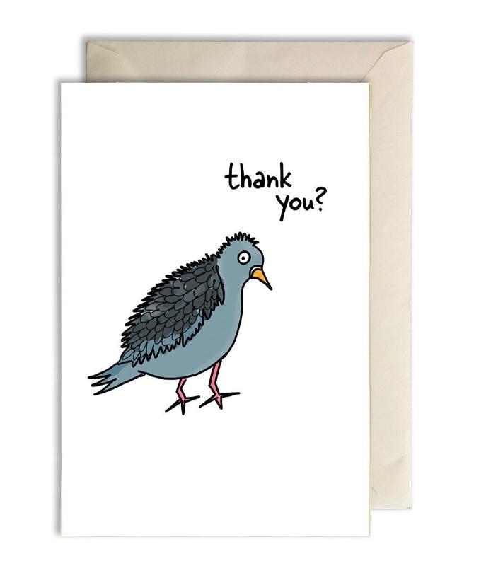 Thank You Card, Confused Pigeon Card, Quirky Card for Friend, Funny Gift for Birders, Mangy Pigeon Thank You, Cartoon Animal Greeting Card
