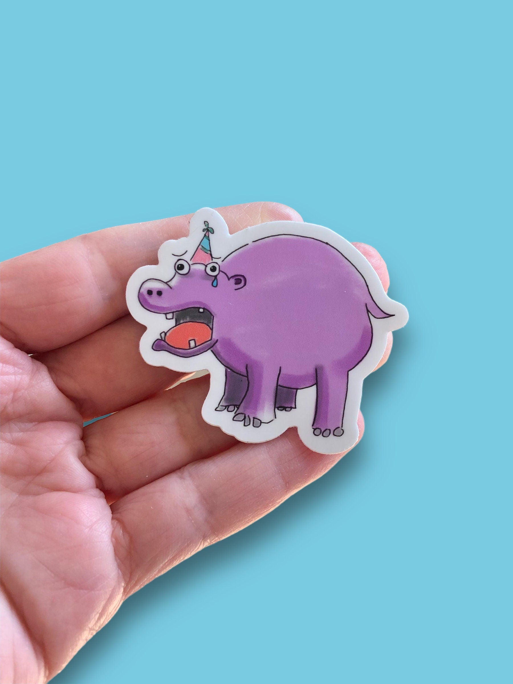 sad hippo vinyl sticker, funny durable animal sticker for planners and scrapbooks, cute hippopotamus lover gift, water bottle stickers