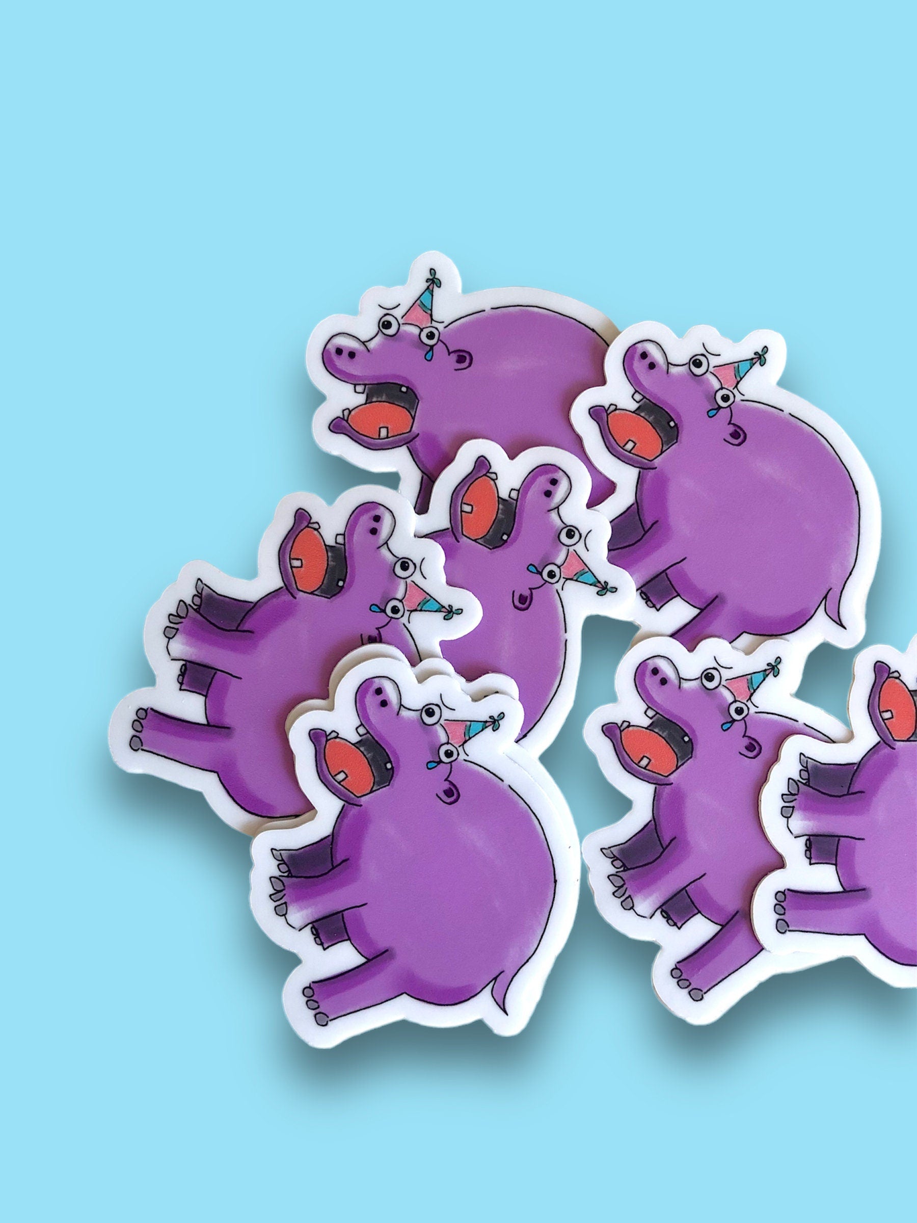 sad hippo vinyl sticker, funny durable animal sticker for planners and scrapbooks, cute hippopotamus lover gift, water bottle stickers