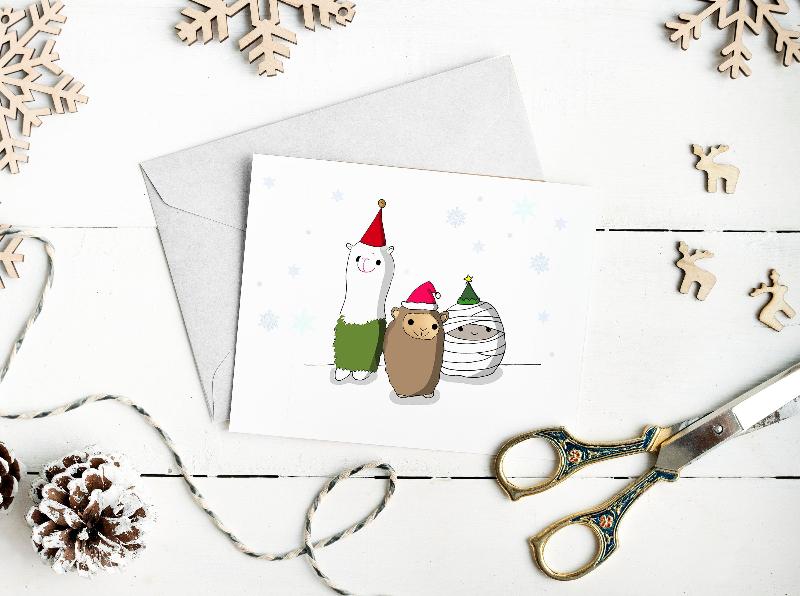 cute holiday greeting card, funny card, christmas holidays, best friend card, stuffed animals cartoon card, festive season, merry christmas