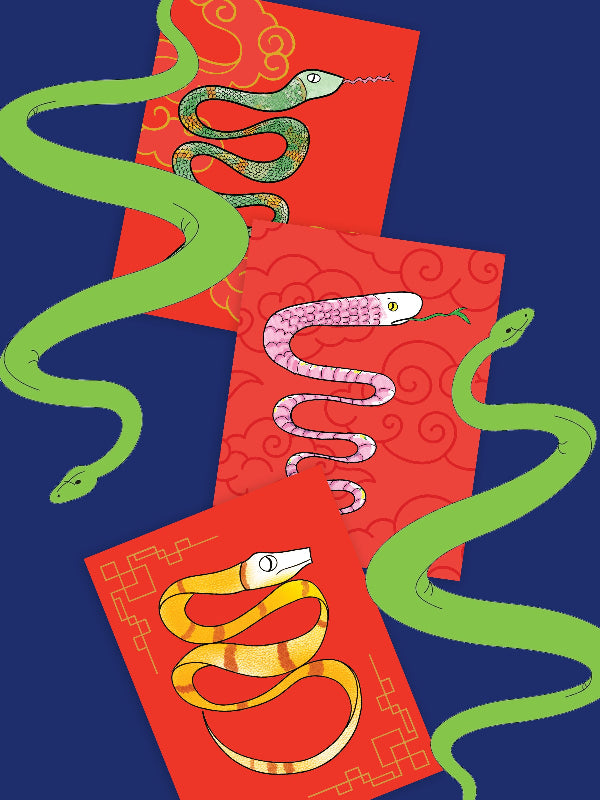 three lunar new year cards, each showing a different snake, against a blue background with 2 playful cartoon snakes framing the image