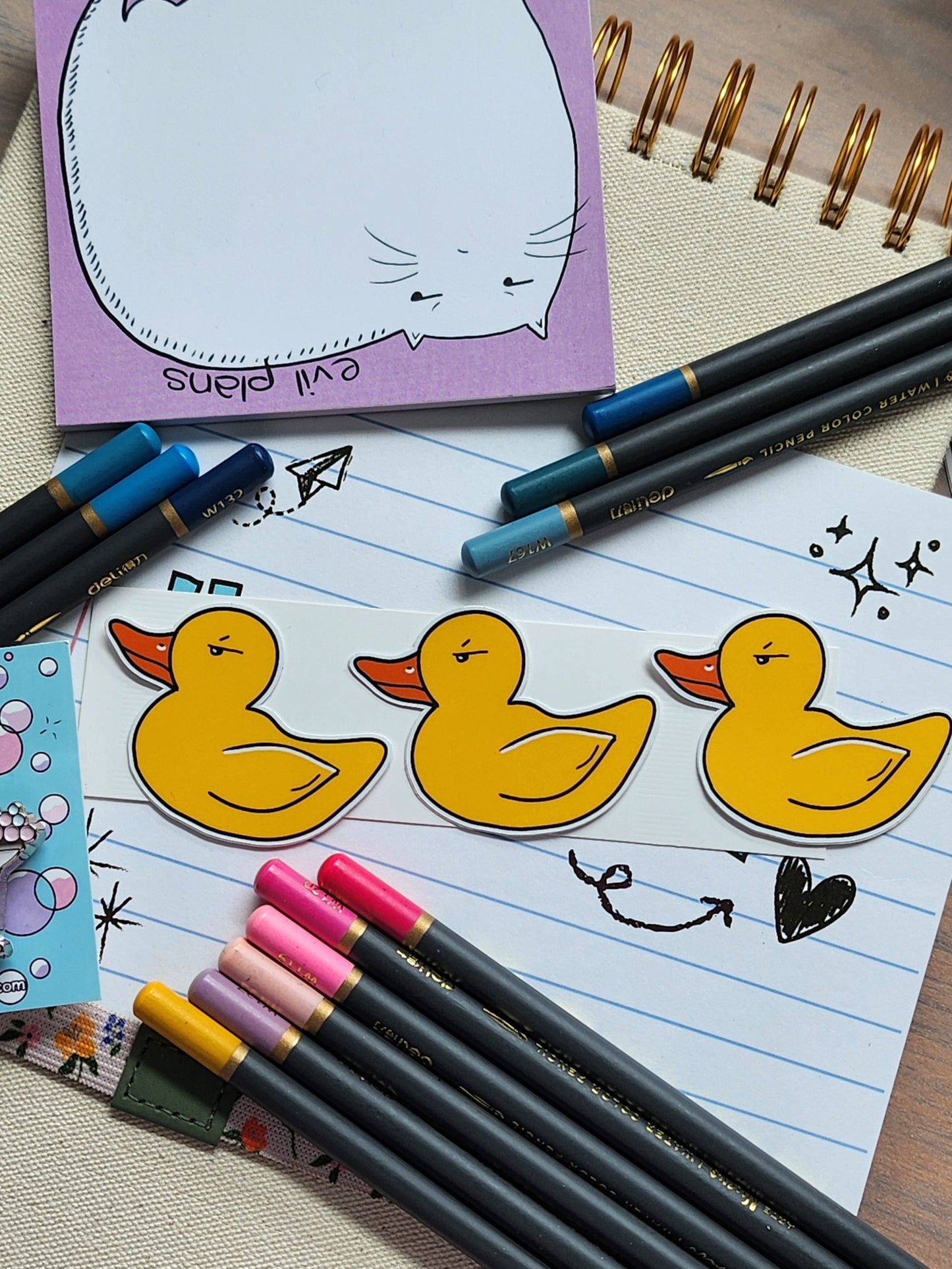 angry ducks stickers styled next to some colour pencils and other stationery items