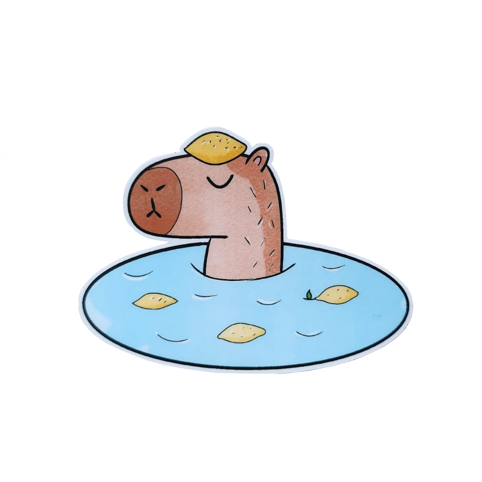 sticker of capybara in onsen with lemons around against a white background