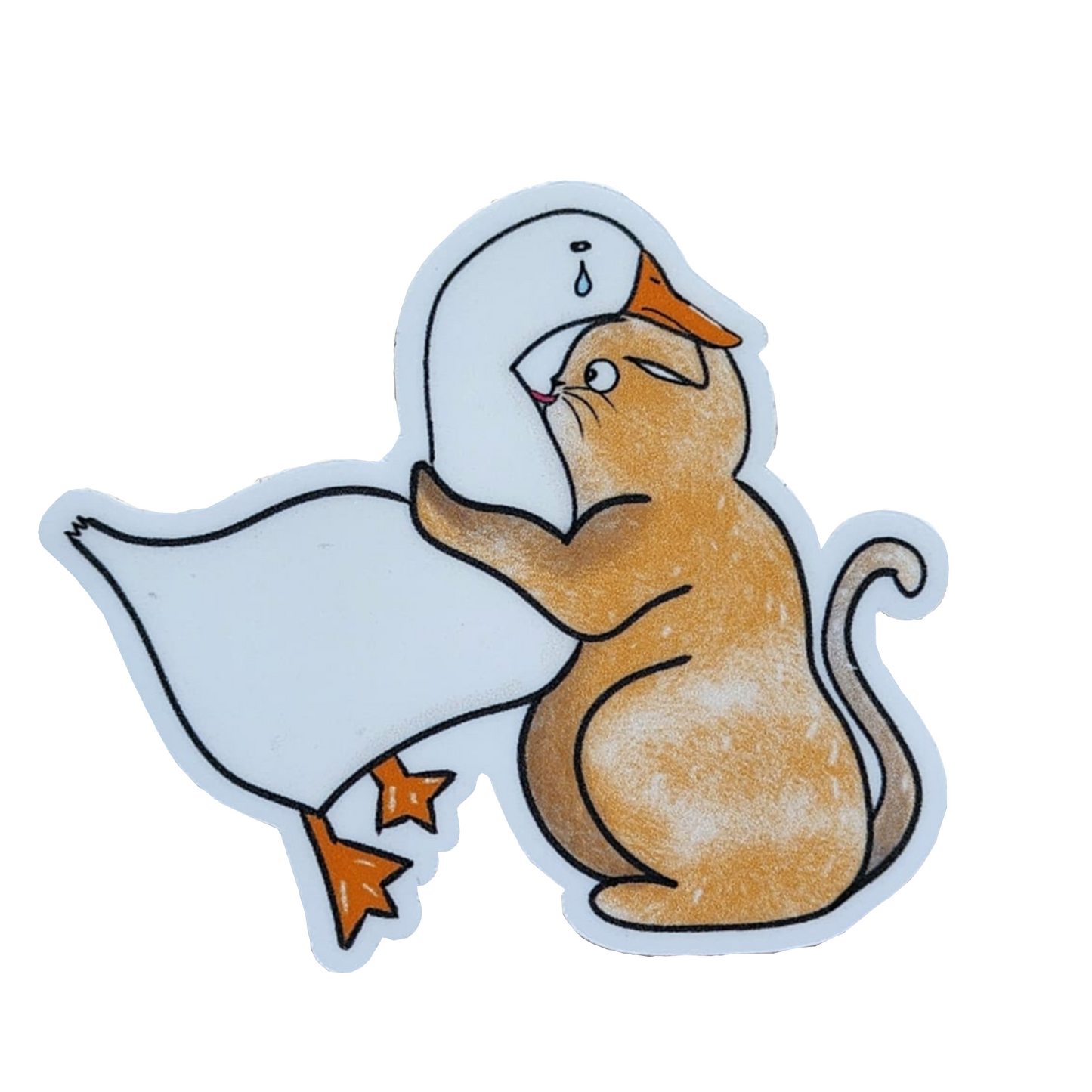 sticker featuring a cat hugging and licking a duck, on a white background