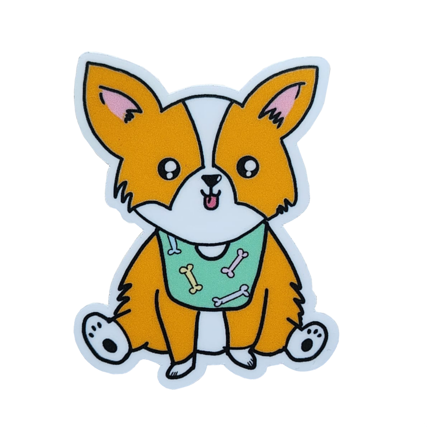 Cartoon dog sticker with a green bib on a white background