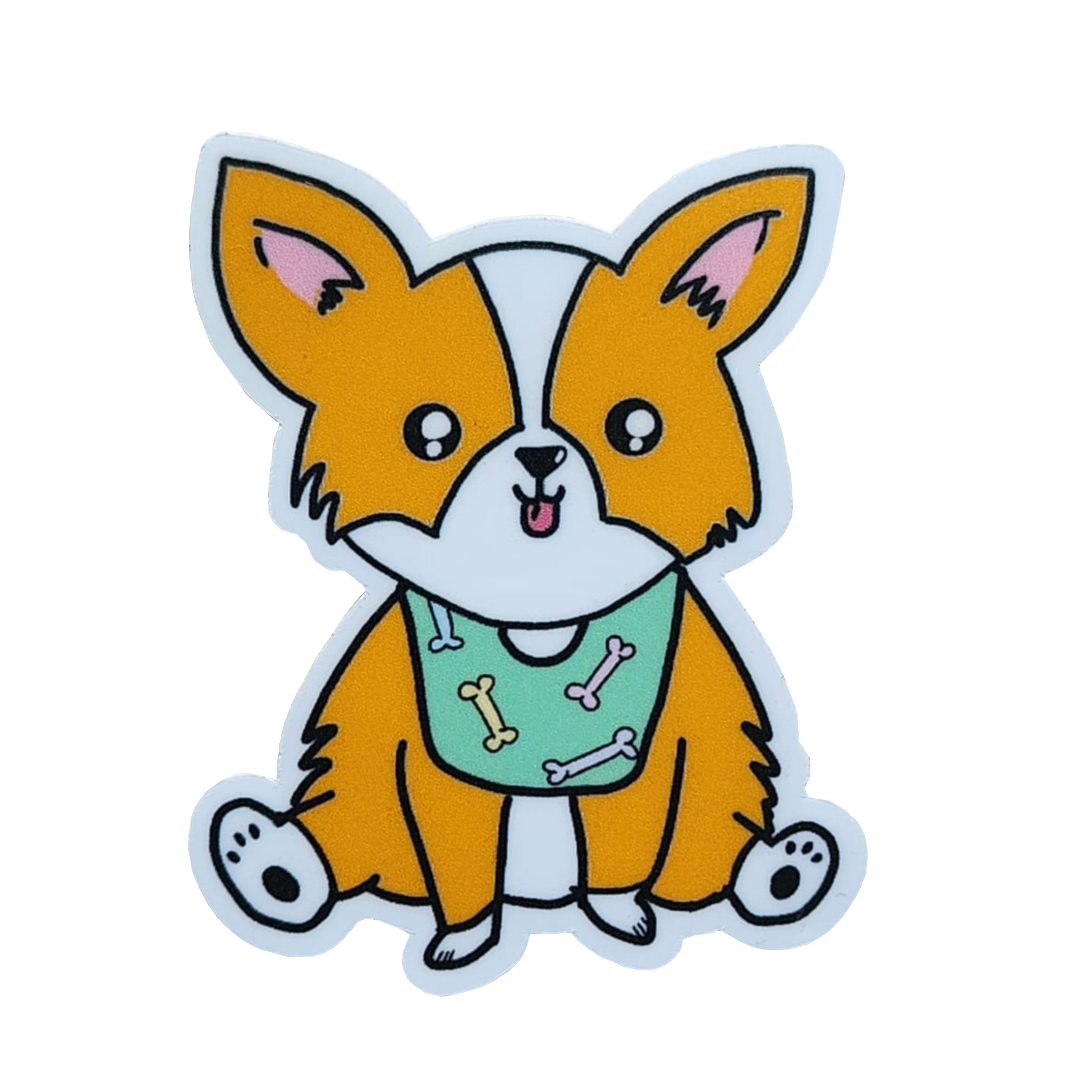 Cartoon dog sticker with a green bib on a white background