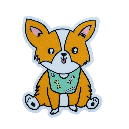 Cartoon dog sticker with a green bib on a white background