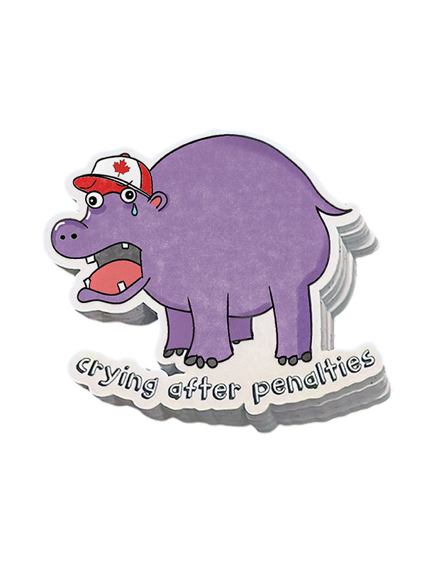 sticker of a sad hippo wearing a team canada ball cap. the text reads "crying after penalties"