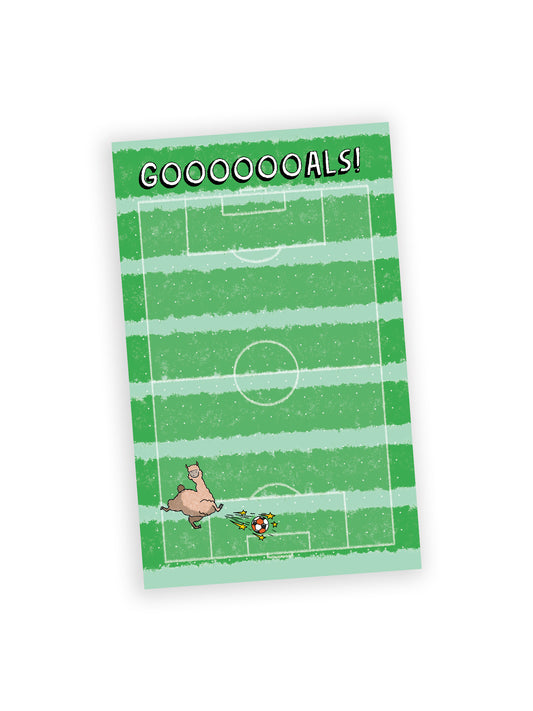 notepad showing a soccer field, with the text reading "goooooals" on top. the bottom left corner shows a cartoon llama kicking a ball in the net