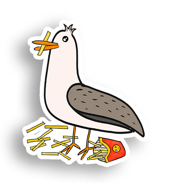 sticker featuring a cartoon seagull eating a french fry, with fries scattered on the ground