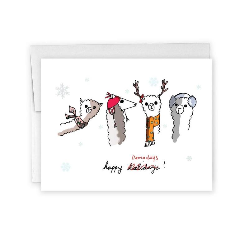 holiday card showing festive llamas, caption reads "happy llamadays"