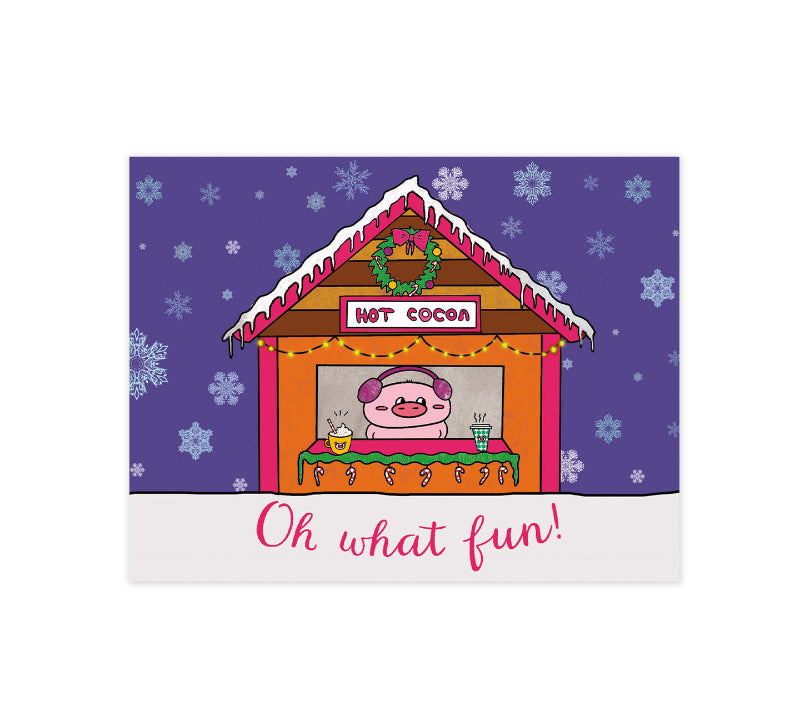 card showing a hot cocoa stand with a cute pig character inside, set against a snowy background.