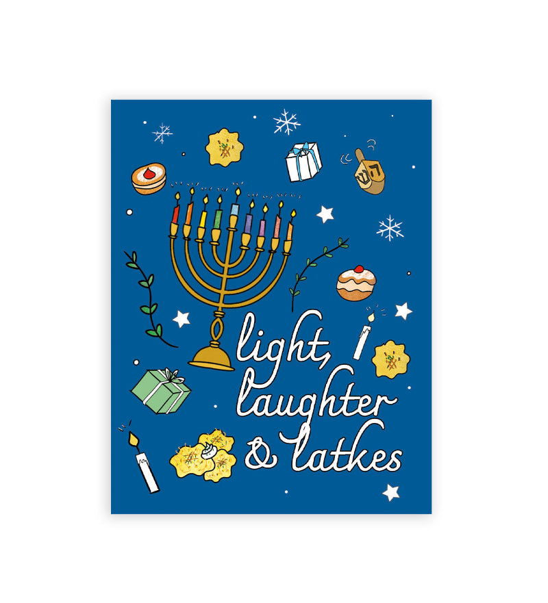 hanukkah greeting card showing menorah, candles, gift boxes, latkes, dreidel and sufganiyot on a blue background. the text reads "light, laughter & latkes"