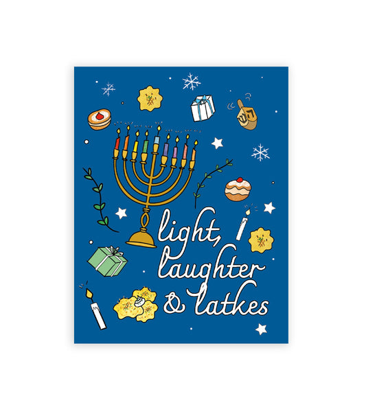 hanukkah greeting card showing menorah, candles, gift boxes, latkes, dreidel and sufganiyot on a blue background. the text reads "light, laughter & latkes"