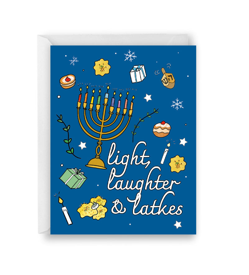 Hannukah-themed greeting card with Menorah, dreidel, and latkes on a blue background, with white envelope